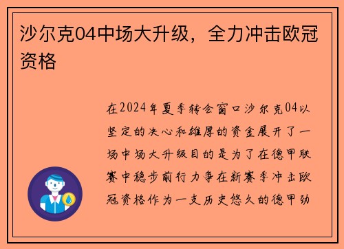 沙尔克04中场大升级，全力冲击欧冠资格
