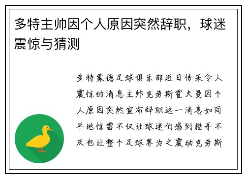 多特主帅因个人原因突然辞职，球迷震惊与猜测