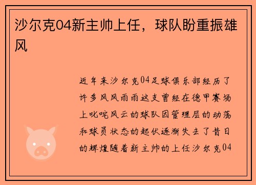 沙尔克04新主帅上任，球队盼重振雄风