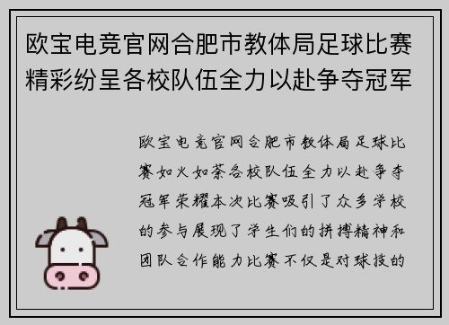 欧宝电竞官网合肥市教体局足球比赛精彩纷呈各校队伍全力以赴争夺冠军荣耀