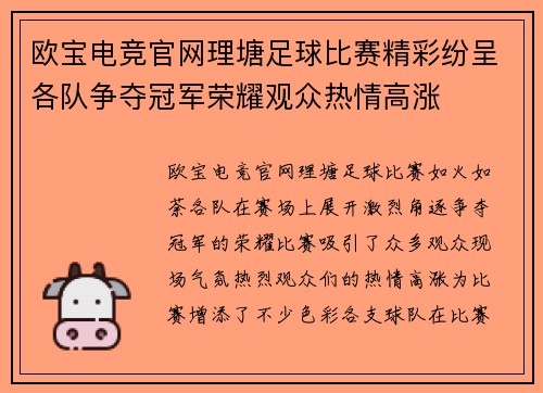 欧宝电竞官网理塘足球比赛精彩纷呈各队争夺冠军荣耀观众热情高涨