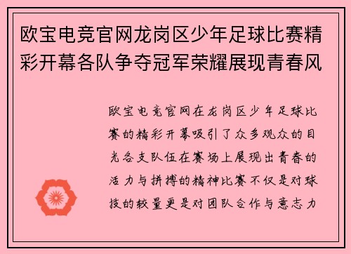 欧宝电竞官网龙岗区少年足球比赛精彩开幕各队争夺冠军荣耀展现青春风采