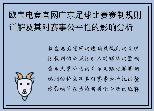欧宝电竞官网广东足球比赛赛制规则详解及其对赛事公平性的影响分析