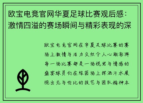 欧宝电竞官网华夏足球比赛观后感：激情四溢的赛场瞬间与精彩表现的深刻体会